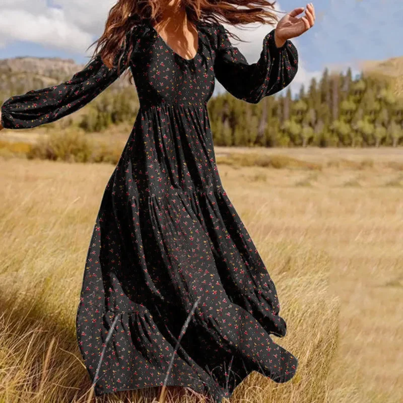 Floral Chiffon Fashion High Quality Maxi Dress Boho Women V-Neck Retro Holiday Leisure Long Sleeved Beach Temperament Lady Robe Stylish Off-Shoulder Maxi Dress Floral Chiffon Fashion High Quality Maxi Dress Boho Women V-Neck Retro Holiday Leisure Long Sleeved Beach Temperament Lady Robe Stylish Off-Shoulder Maxi Dress