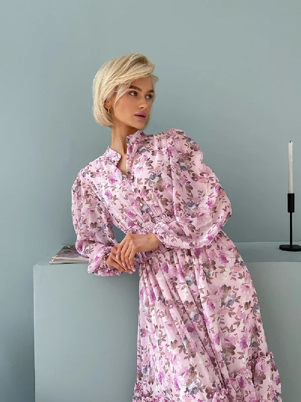 Floral Chiffon Pleated Women Long Dresses Blue Black Long Sleeve Summer Beach Dress Elegant Evening Party Maxi Dresses For Women Trendy Maxi Dress with Belt