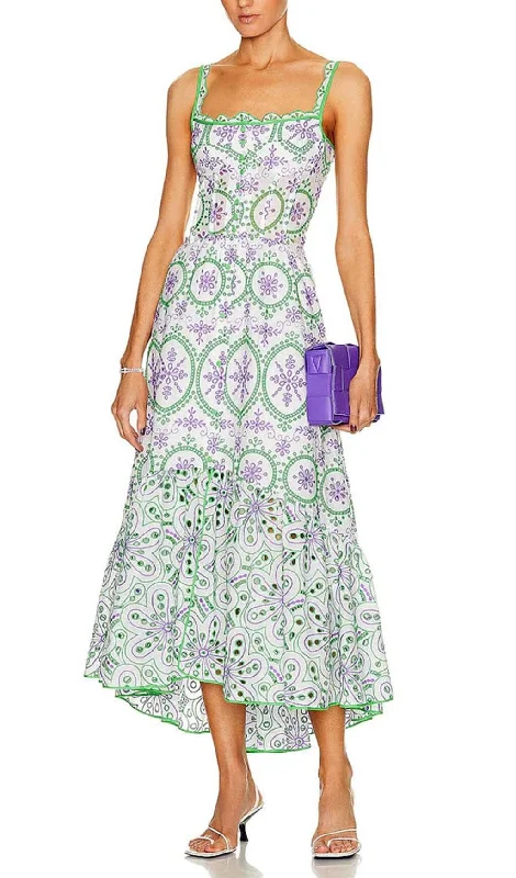 FLORAL EYELET EMBROIDERED MAXI DRESS IN ROSE PETALS Trendy Maxi Dress with Belt