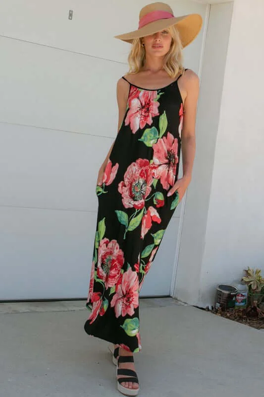 Floral Halter Pocket Maxi Dress Fashionable Button-Down Maxi Dress