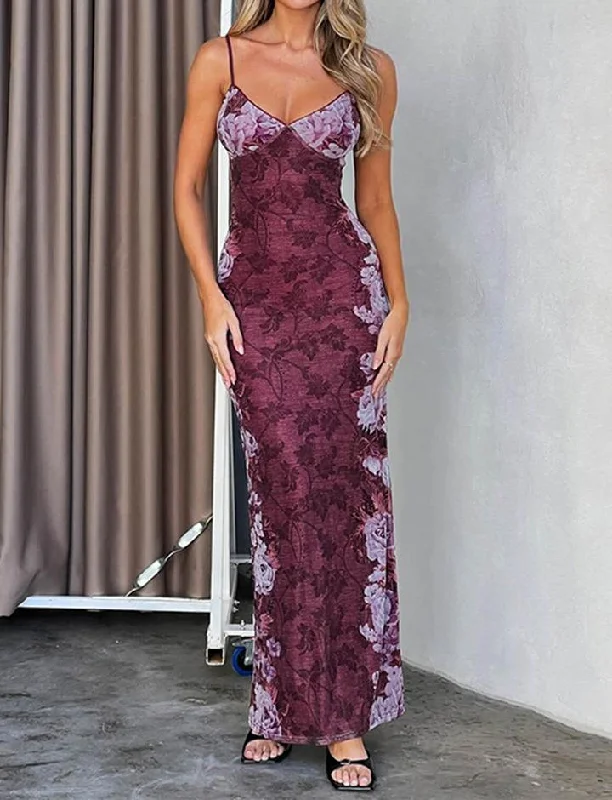 Floral Print Cami Slim Maxi Dress Fashionable High-Low Maxi Dress