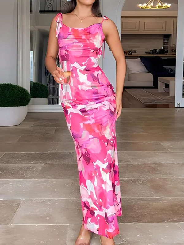 Floral Print Knot Shoulder Backless Maxi Dress Stylish Longline Maxi Dress