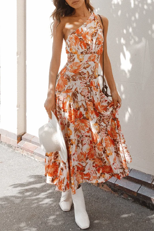 Floral Print Pleated One Shoulder High Waist Maxi Dress Trendy Satin Maxi Dress