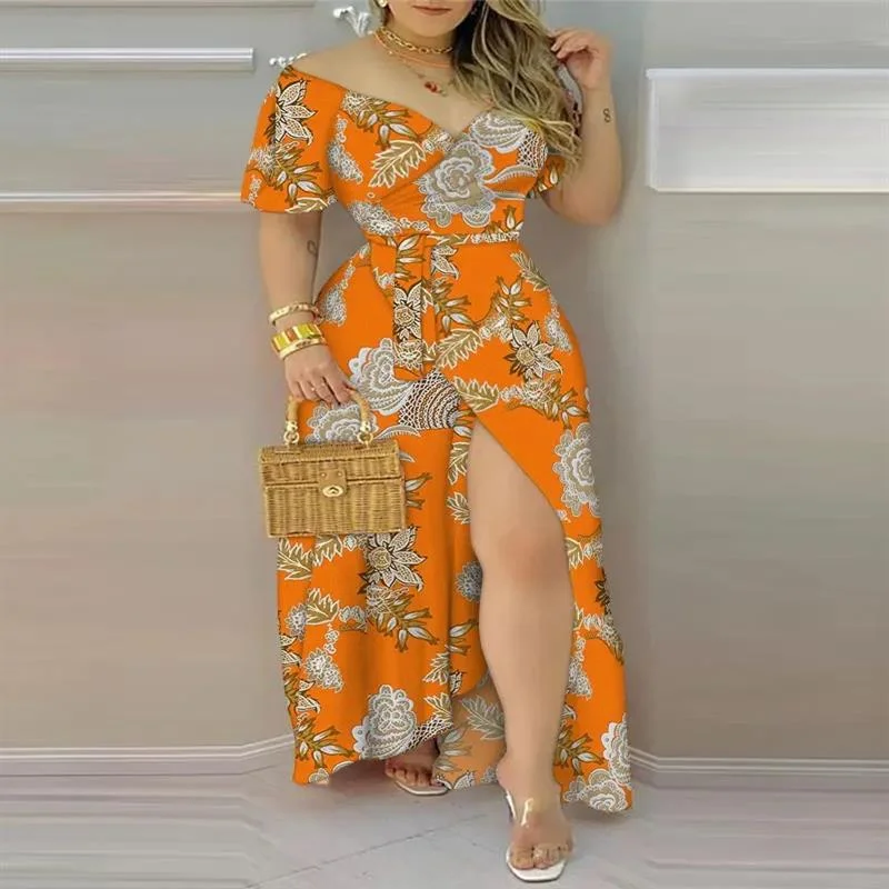 Floral Print Split Thigh Belted Wrap Maxi Dress Comfortable Ruffle Hem Maxi Dress
