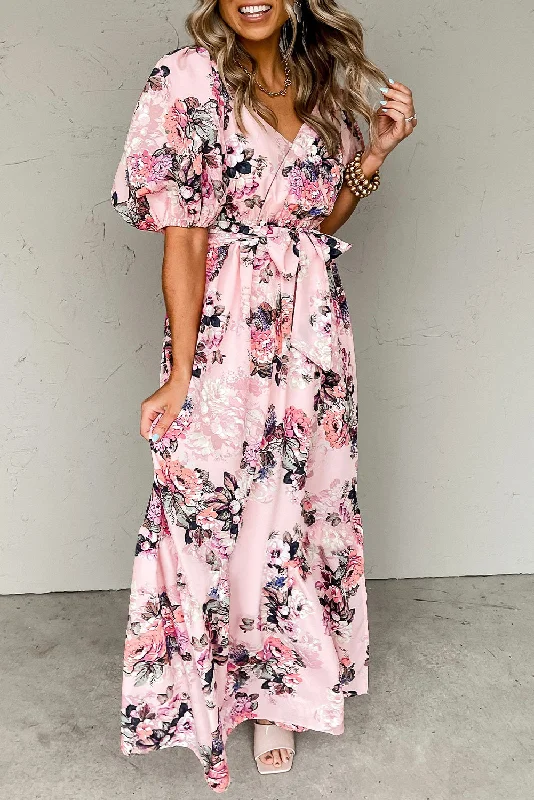 Floral Puff Sleeve High Waist Maxi Dress Classic Solid Maxi Dress