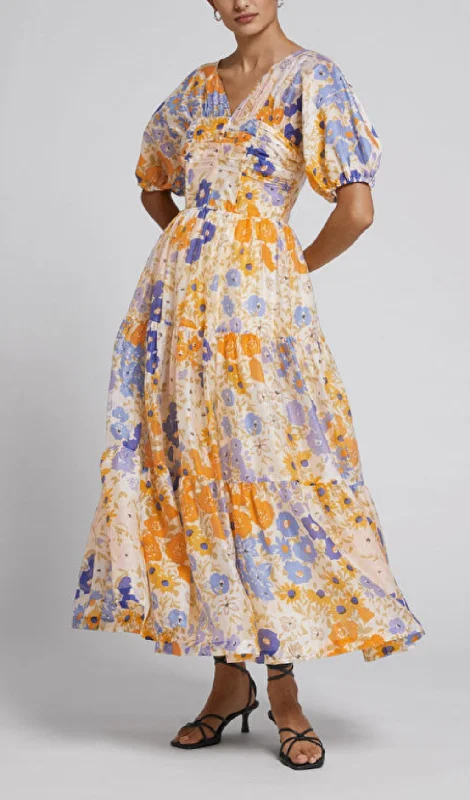 FLORAL PUFF SLEEVE V-NECK MAXI DRESS Casual Maxi Dress with Pockets