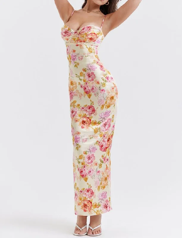 Floral Satin And Lace-trimmed Slit Fitted Slip Maxi Dress Trendy Ruffled Maxi Dress