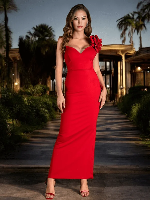 Flower One Shoulder Maxi Dress Red Trendy Off-Shoulder Ruffle Maxi Dress