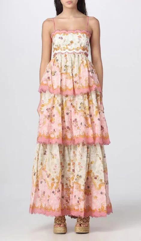 FRENCH FLORAL SUSPENDER MAXI DRESS Comfortable Maxi Dress with Sleeves