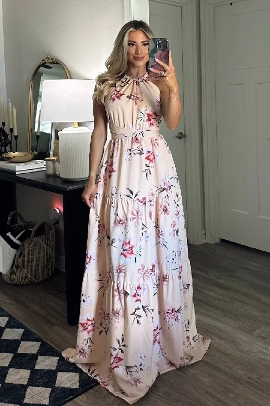 Giving Me Butterflies Floral Wrap Maxi Dress: Peach Elegant Maxi Dress with Belt