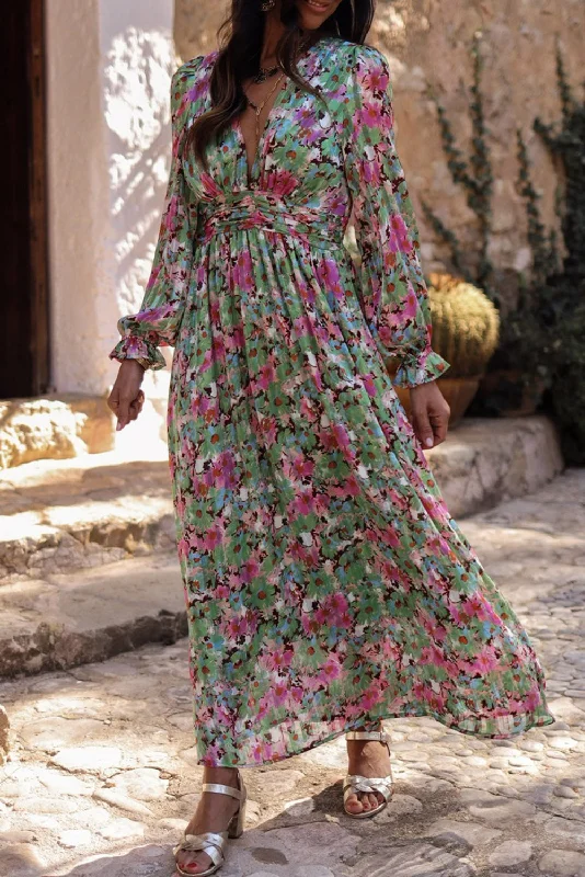 Green Floral Print Deep V Neck Ruched Cinched Waist Maxi Dress Trendy Printed Maxi Dress Green Floral Print Deep V Neck Ruched Cinched Waist Maxi Dress Trendy Printed Maxi Dress