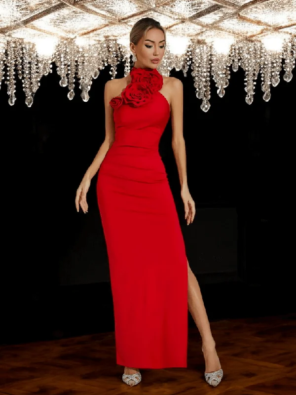 Halter Flower Detail Maxi Dress Red Comfortable Plunging Neckline Maxi Dress