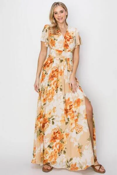 Floral Tie Back Short Sleeve Slit Maxi Dress Comfortable Ruffle Hem Maxi Dress