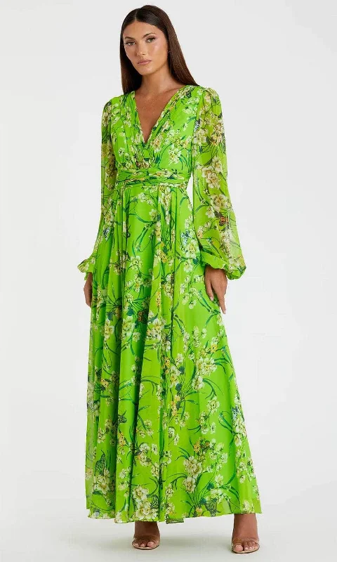 Ieena Duggal 56013 - Floral Printed Deep V-Neck Maxi Dress Elegant Velvet Maxi Dress