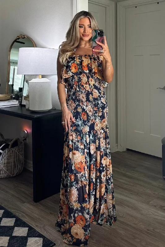 Indica Floral Smocked Maxi Dress: Navy Multi Classic A-Line Maxi Dress