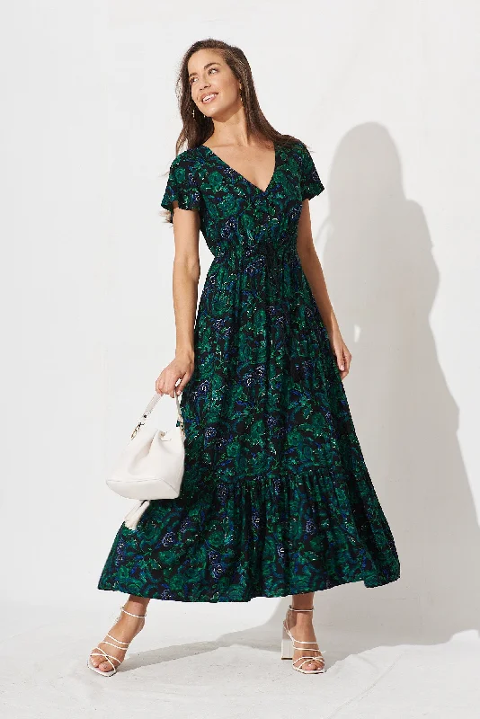Ingra Maxi Dress In Emerald With Green And Blue Floral Trendy Maxi Dress with Lace