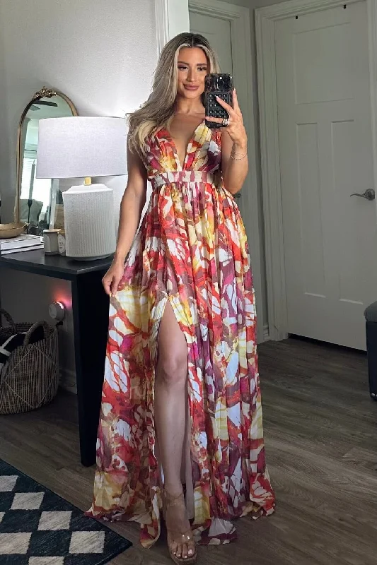 Just Another Sunset Maxi Dress: Orange/White Multi Trendy Maxi Dress with Bow