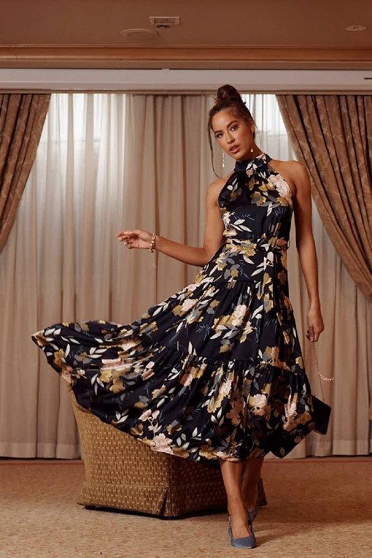 Khalo Maxi Dress In Navy Floral Satin Trendy Printed Maxi Dress