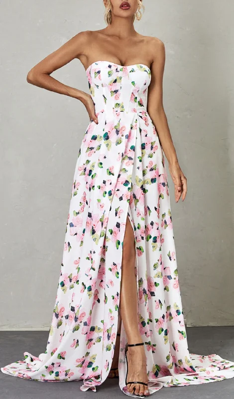 STRAPLESS FLORAL SPLIT MAXI DRESS Stylish Button-Up Maxi Dress
