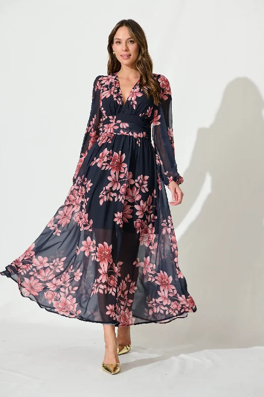 Kristy Maxi Dress In Black With Blush Floral Chiffon Comfortable Pleated Maxi Dress