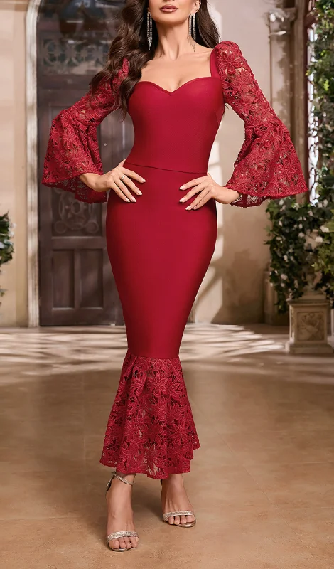 LACE SLEEVE MERMAID MAXI DRESS IN RED Fashionable Asymmetrical Maxi Dress