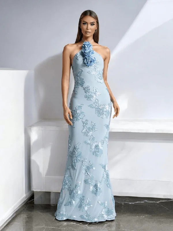 Lola Blue Halter Maxi Dress with Floral Accents Stylish V-Neck Maxi Dress