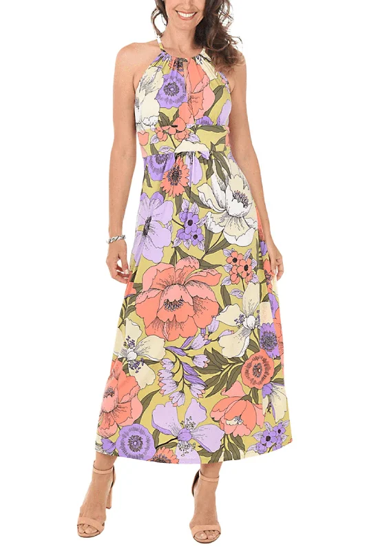 London Times T6110M - Floral Halter Maxi Dress Trendy Maxi Dress with Lace