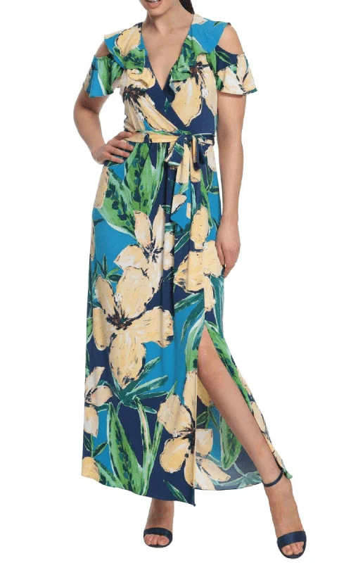 London Times T6230M - Cold Shoulder Floral Maxi Dress Cozy Ribbed Maxi Dress