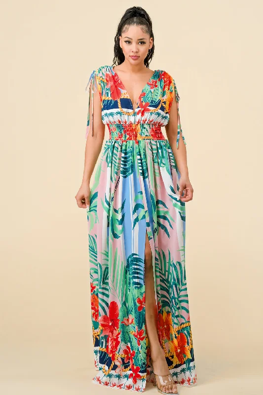 Long Cap Sleeve Tropical Print Maxi Dress Comfortable Plunging Neckline Maxi Dress