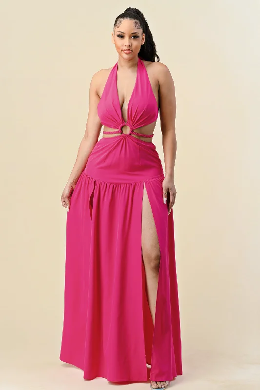 Long Cut Out Slit Halter Maxi Dress Fashionable Sleeveless Maxi Dress