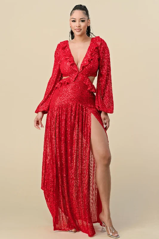 Long Deep V Neck Sequins Long Sleeve Maxi Dress Classic Black Maxi Dress