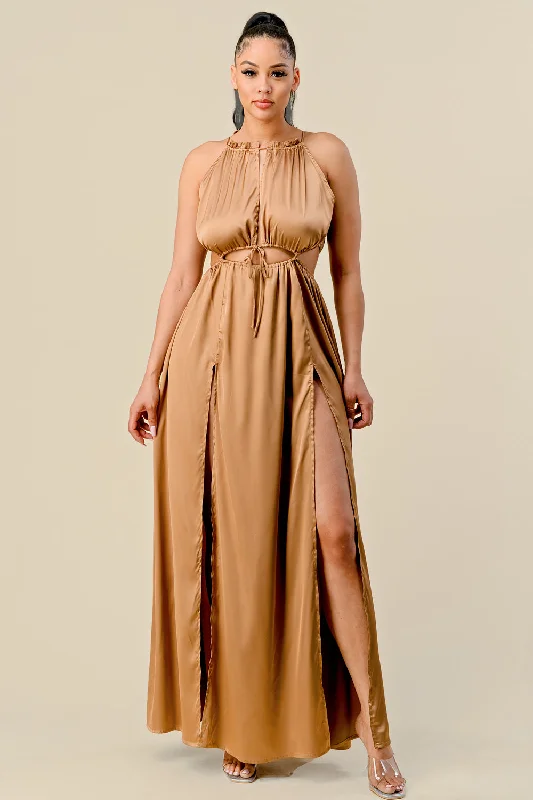 Long Front Cutout Tie Slit Maxi Dress Elegant Wraparound Maxi Dress