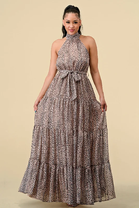 Long Halter Animal Print Tiered Maxi Dress Stylish Boho Maxi Dress