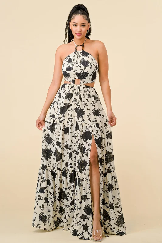 Long Halter Neck Printed Maxi Dress Cozy Longline Maxi Dress