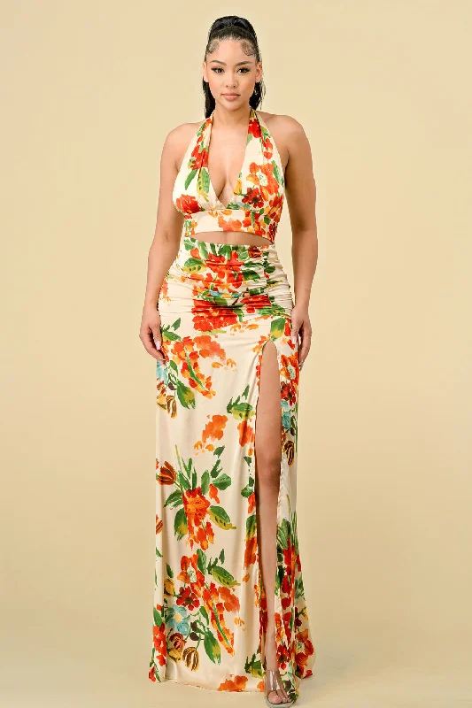 Long Halter Neck Printed Ruched Maxi Dress Classic A-Line Maxi Dress