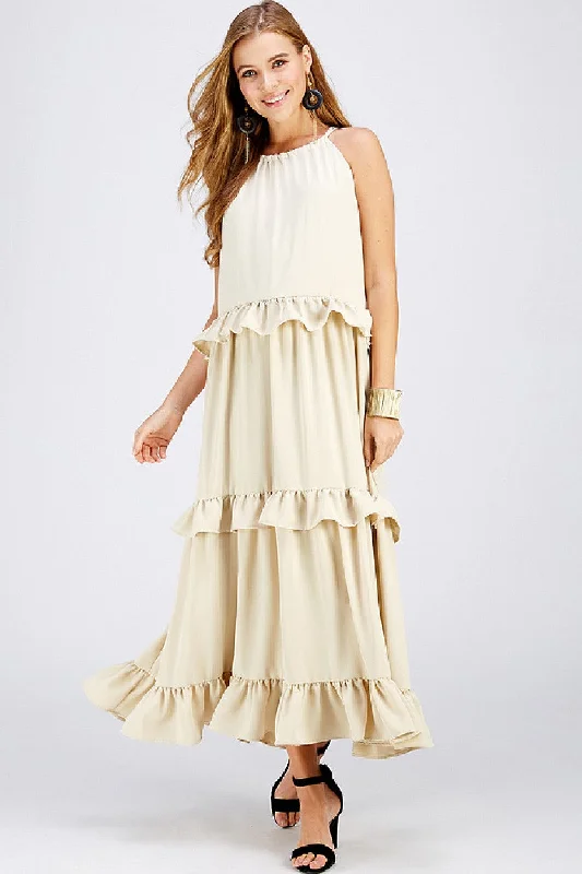 Long Halter Neck Ruffled Maxi Dress Trendy V-Neck Maxi Dress