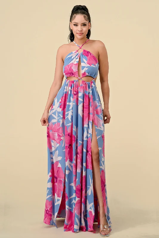 Long Halter Printed Slit Maxi Dress Elegant Sleeveless Maxi Dress