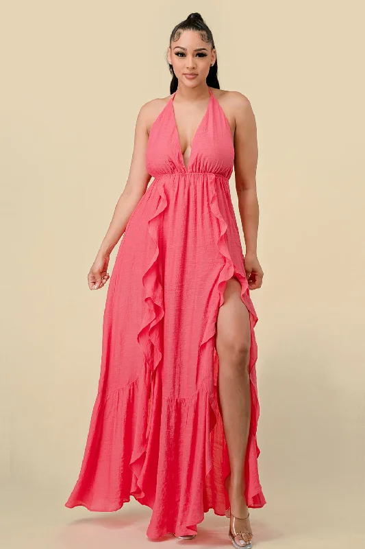 Long Halter Ruffled Slit Maxi Dress Trendy Off-Shoulder Ruffle Maxi Dress