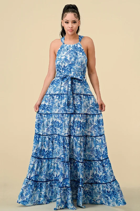 Long Halter Tiered Printed Maxi Dress Elegant Lace-Up Maxi Dress