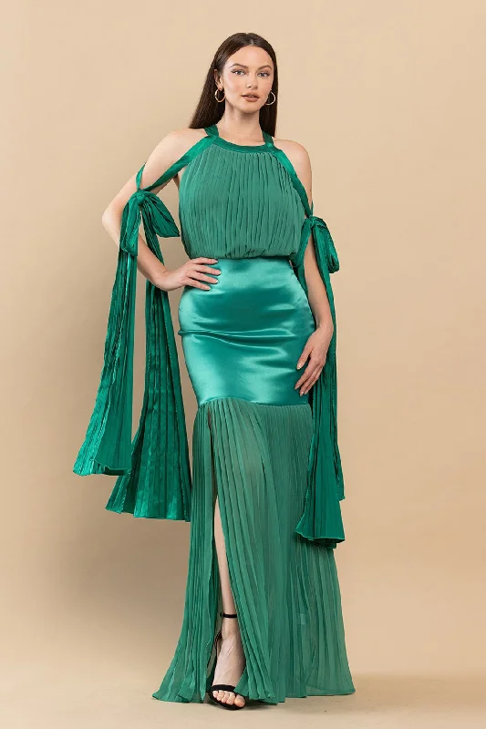 Long Mermaid Pleated Satin Maxi Dress Trendy Maxi Dress with Belt
