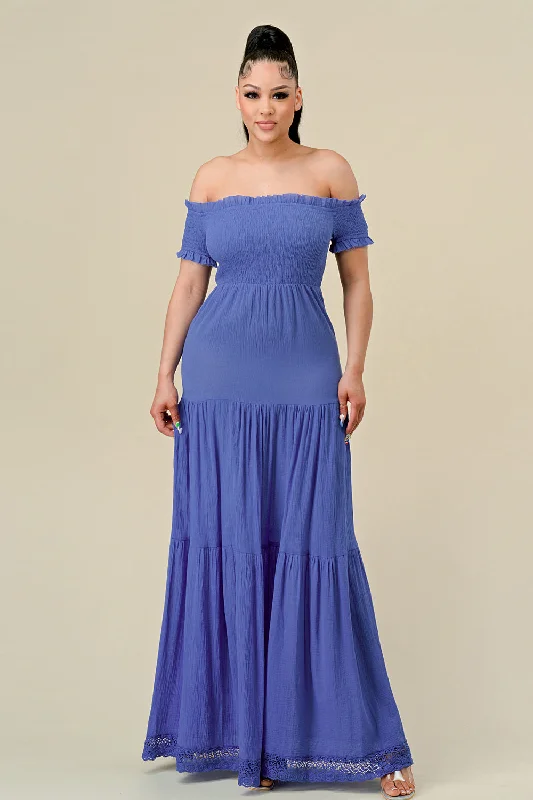 Long Off Shoulder Ruched Maxi Dress Comfortable Maxi Dress with Sleeves