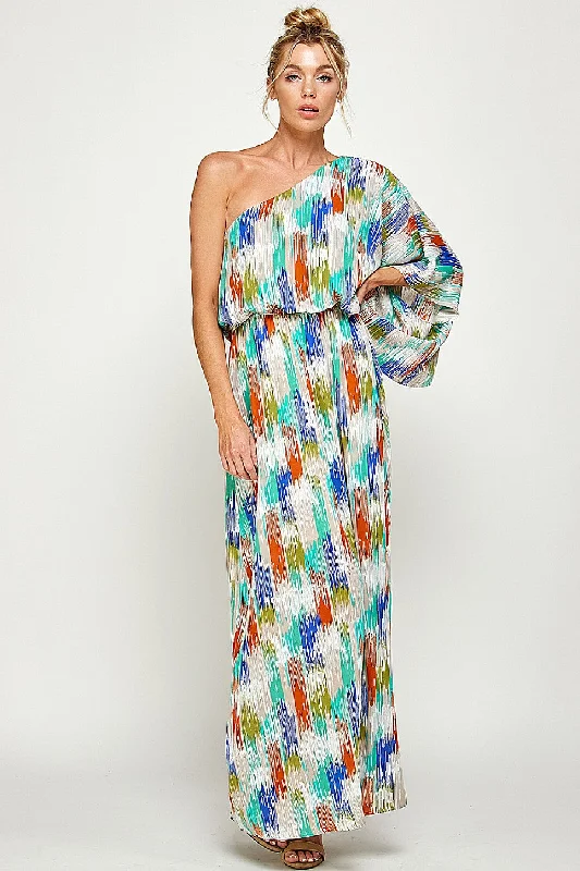 Long One Shoulder Brushed Print Maxi Dress Stylish A-Line Maxi Dress