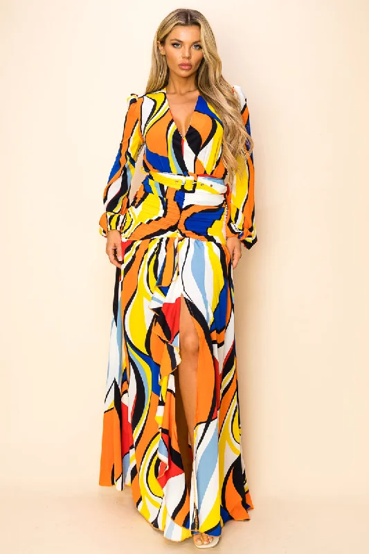 Long Printed Long Sleeve Slit Maxi Dress Cozy Spaghetti Strap Maxi Dress