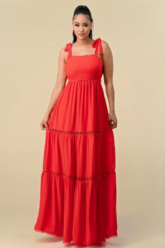 Long Shoulder Tie Scallop Maxi Dress Elegant Tiered Maxi Dress