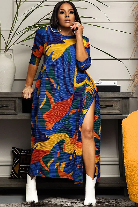 Long Side Slit Button Long Sleeve Pleat Maxi Dress Classic Strapless Maxi Dress