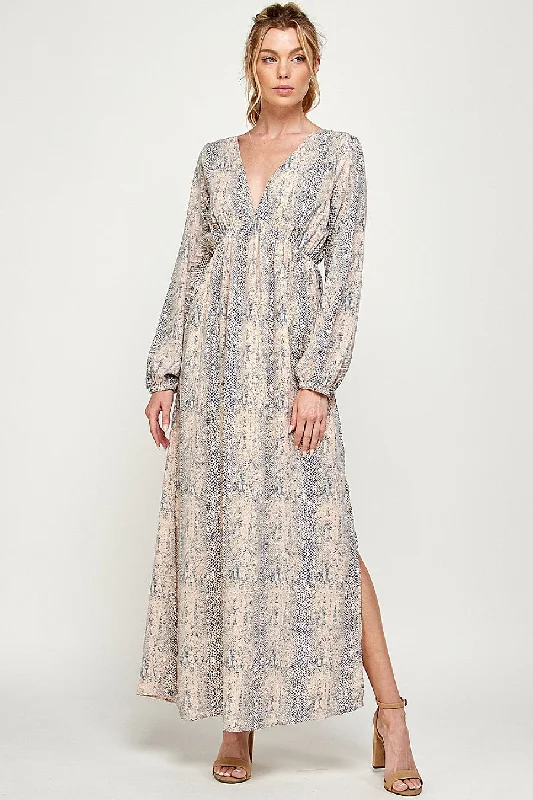 Long Sleeve Animal Print Maxi Dress Elegant Boho Maxi Dress
