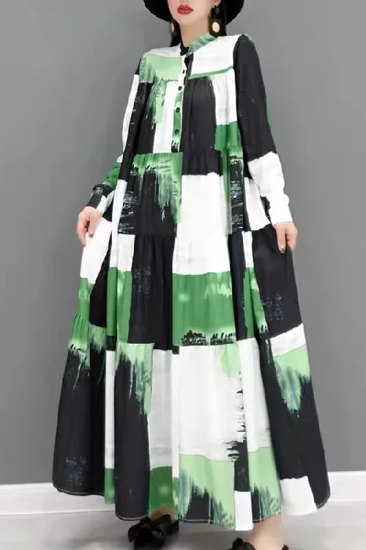Long Sleeve High Neck Button Maxi Dress Comfortable Flowy Maxi Dress