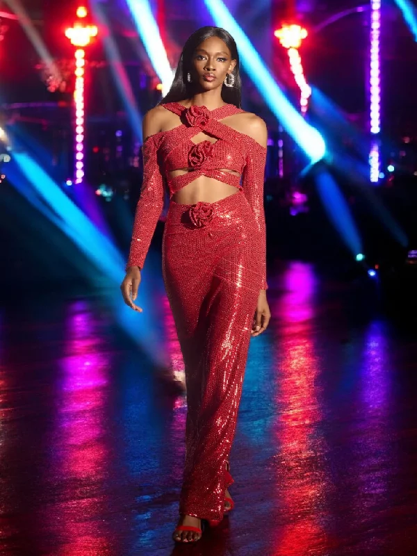 Long Sleeve Sequin Flower Maxi Dress Red Chic Button-Up Maxi Dress