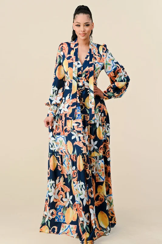 Long Sleeve V Neck Print Maxi Dress Chic Summer Maxi Dress