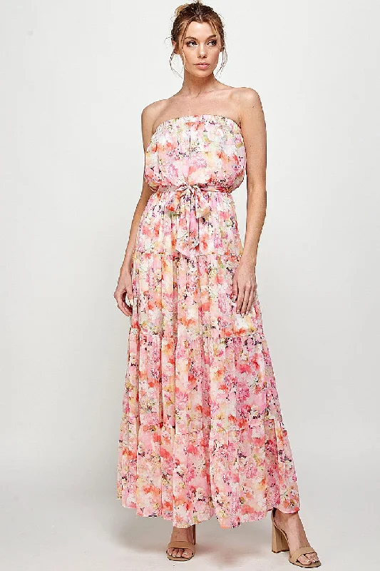 Long Strapless Floral Print Maxi Dress Comfortable Pleated Maxi Dress